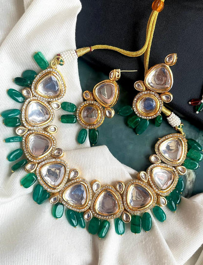 Kundan Necklace with Zade Stone Beads and Earring Set