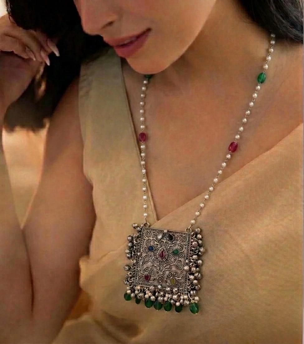 Oxidized Pendant Beaded Chain Necklace