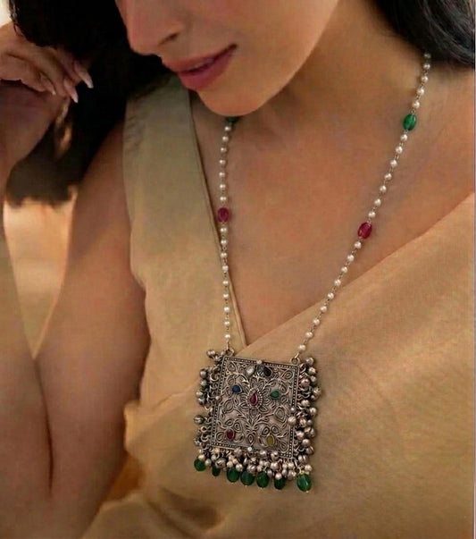 Oxidized Pendant Beaded Chain Necklace