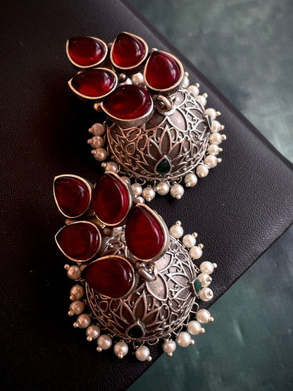 Natural Stone Top with Silver Replica Jhumka Earring