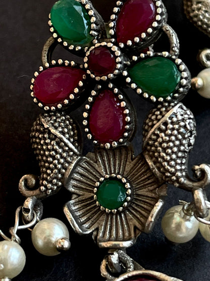 Ethnic Party wear Oxidized Drop earring with stone and beads