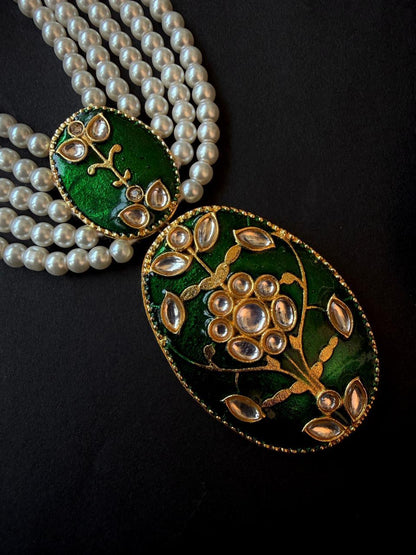 Meenakari Pendant Beaded Mala Necklace with Earring set