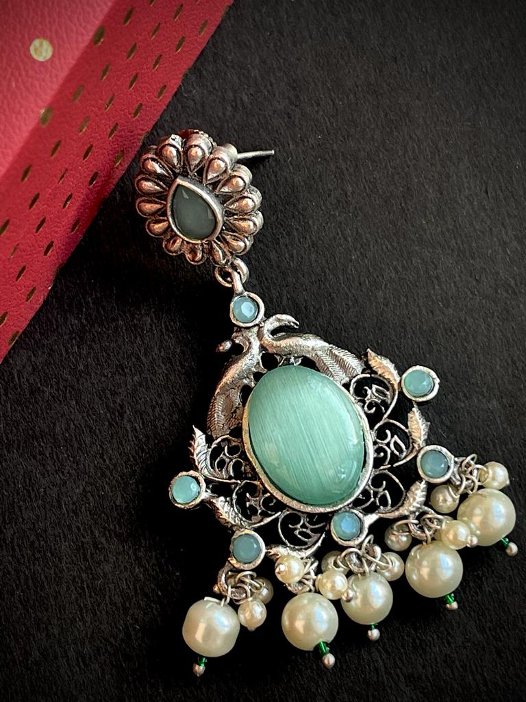 Ethnic Party wear Oxidized Drop earring with stone and beads