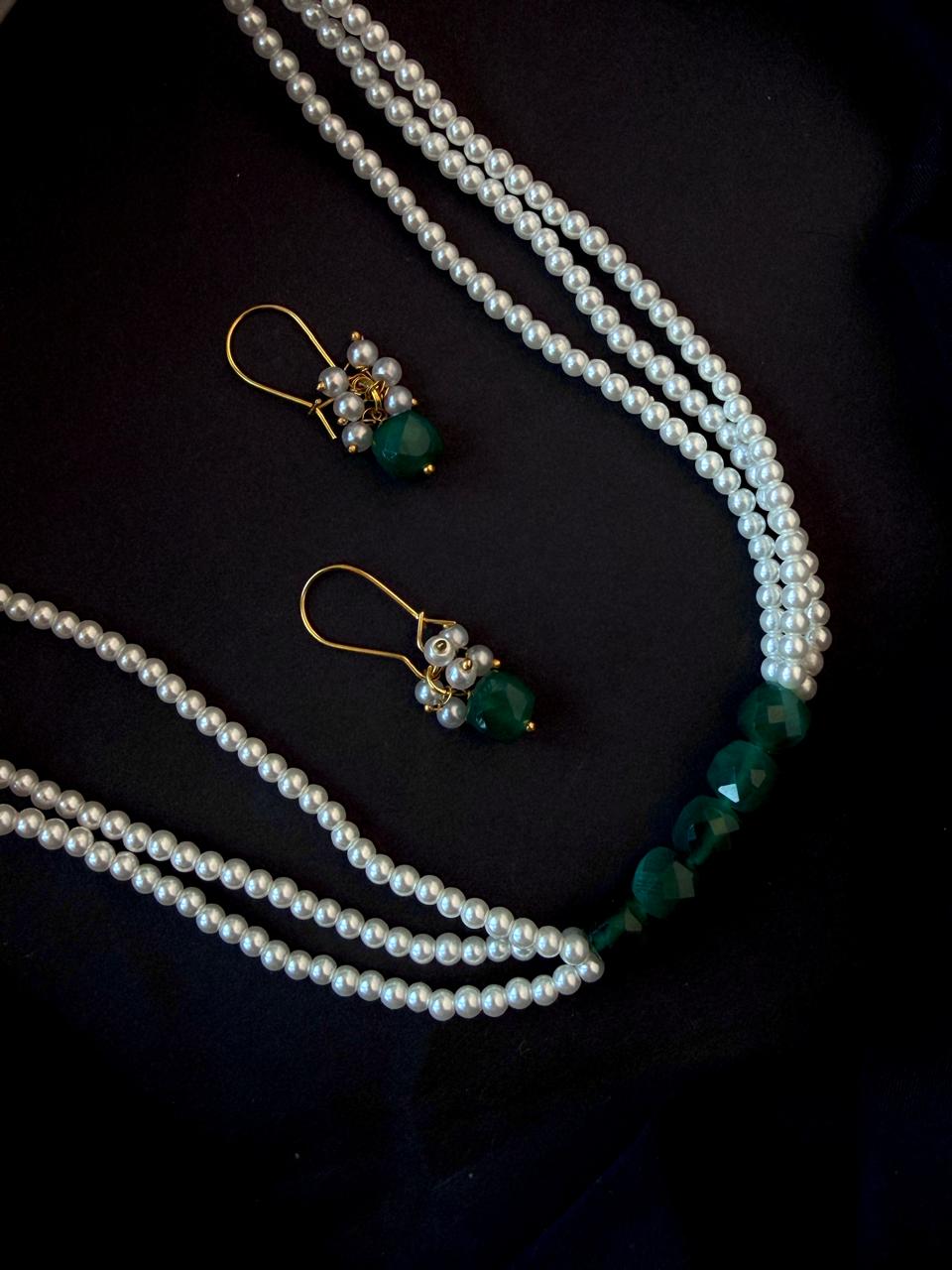 Semi Precious Stone with small shell Pearl Necklace with Earring set