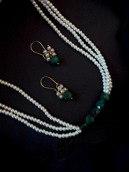 Semi Precious Stone with small shell Pearl Necklace with Earring set