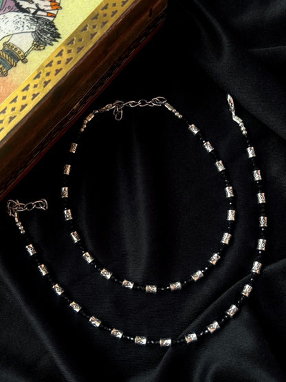 Silver Replica Motif Black Beaded Anklet