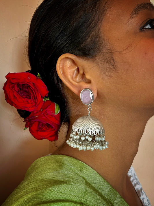 Oxidized Big Dome Monalisa stone Jhumka Earring