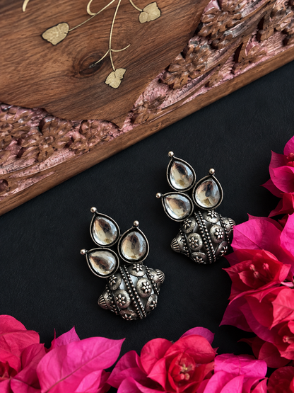Three Monalisa Stone Half Balloon Stud Oxidized Earring