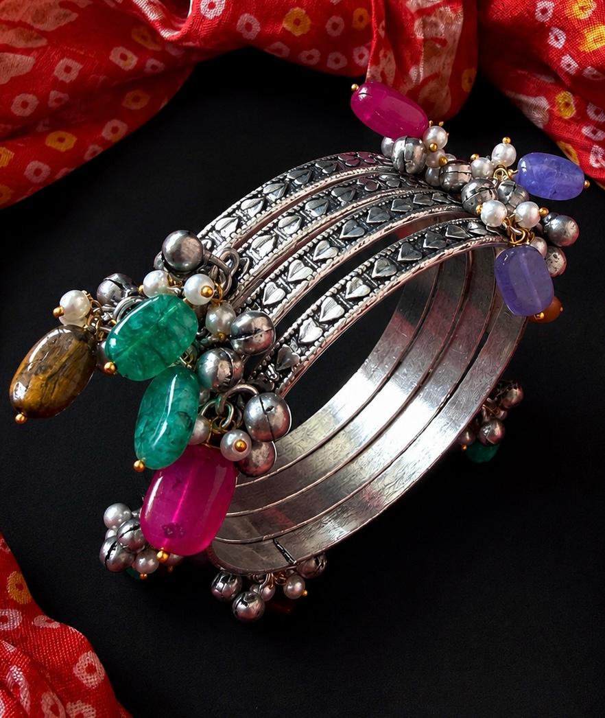 Oxidized Ghunghroo Bangles tih Stones Beads
