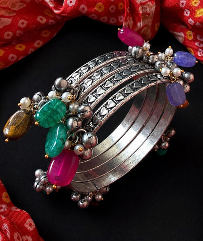 Oxidized Ghunghroo Bangles tih Stones Beads