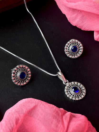 Monalisa Stone Oxidize Pendant Chain Necklace with Earring set