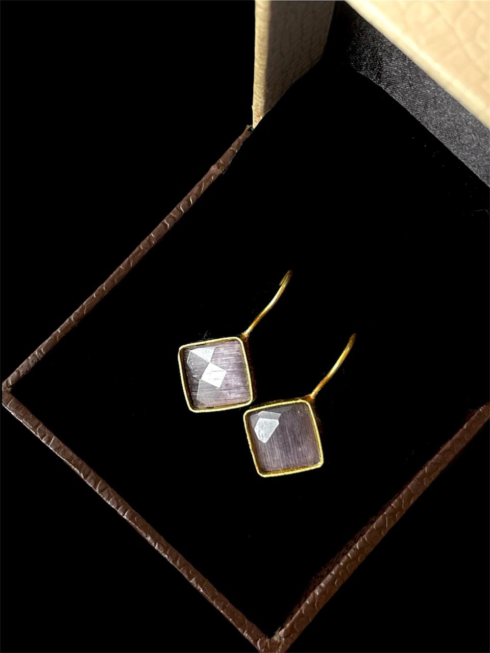 Cut Stone Square Golden Stud Earring