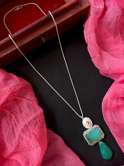 AD with Monalisa Jade Stone Meenkari Pendant Chain Necklace