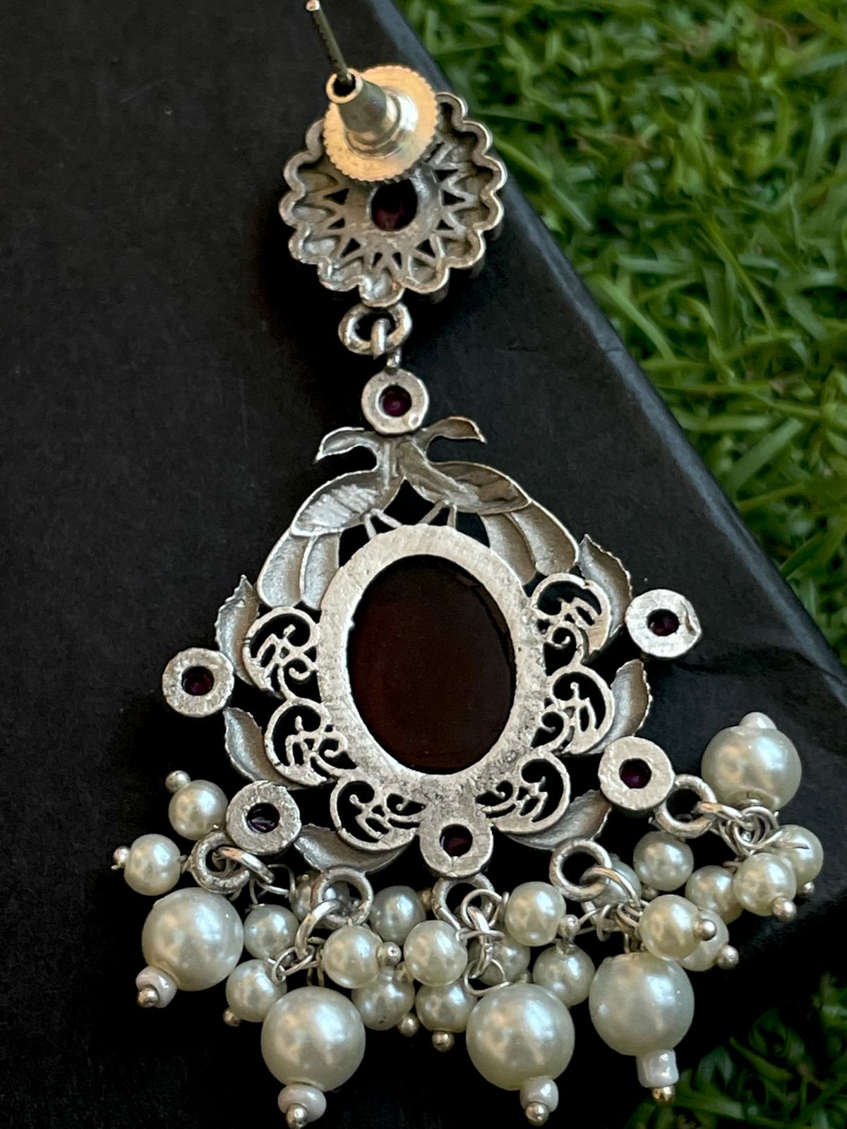 Ethnic Party wear Oxidized Drop earring with stone and beads