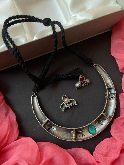 Monalisa Stone Oxidized Choker with Earring set