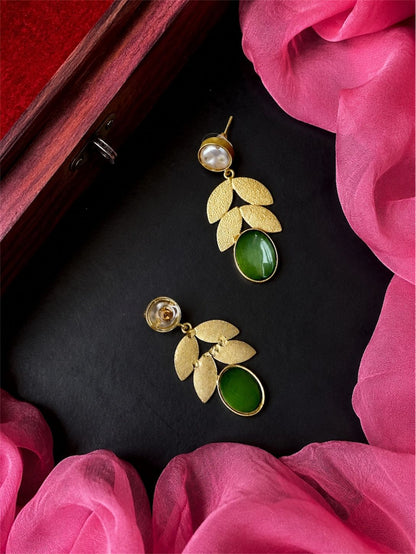 Monalisa Stone Sell Pearl Golden Leaf Earring