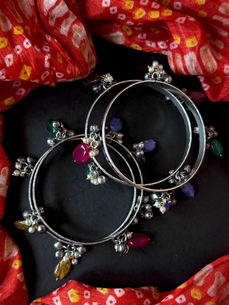 Oxidized Ghunghroo Bangles tih Stones Beads