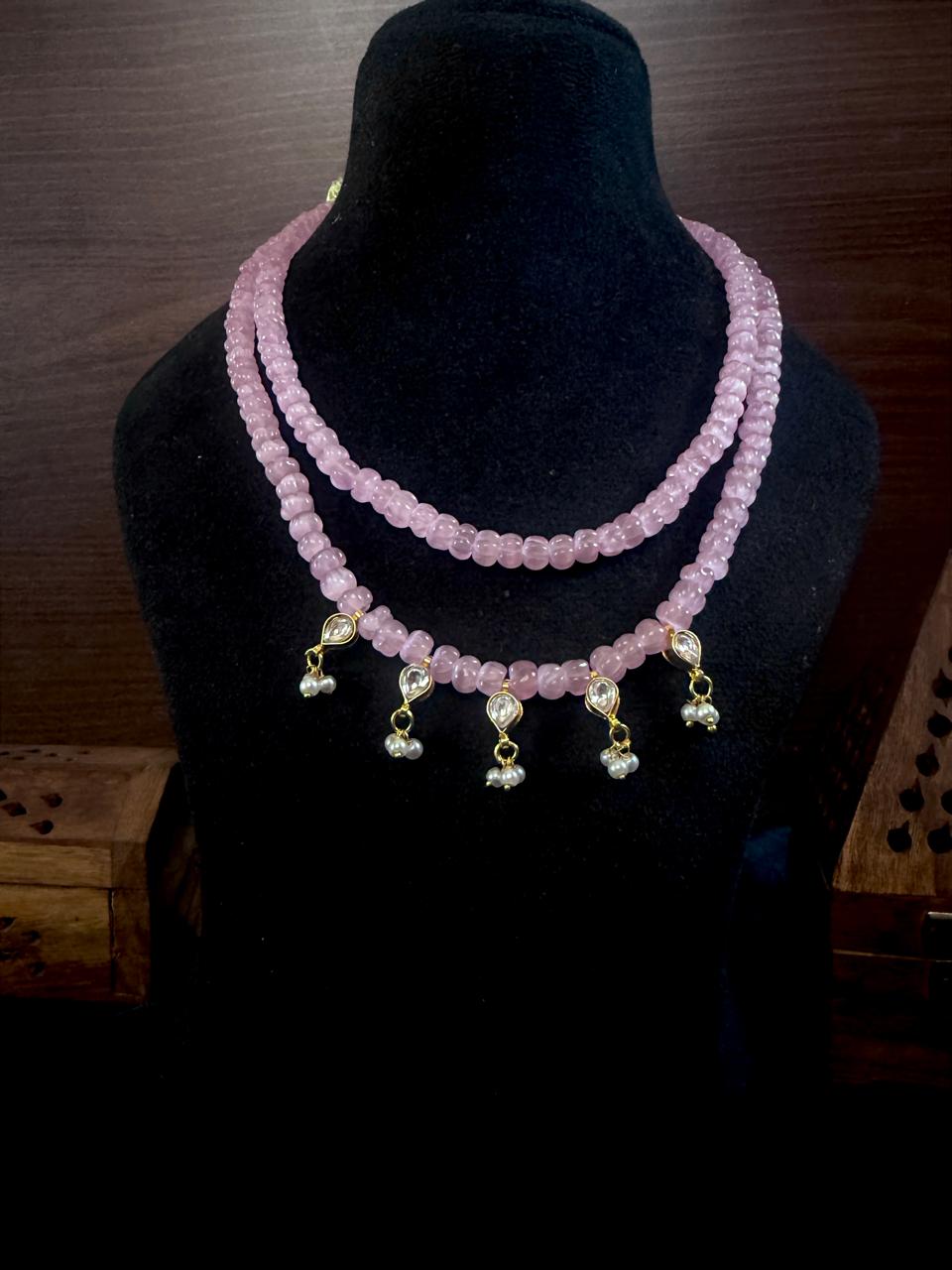 Monalisa Semi Precious Pumpkin Beaded Mala with Kundan and Earring Set