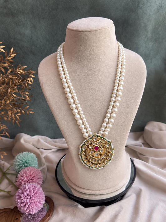 Kundan Pendant Glass Pearl Double Layer Mala Necklace with stud Earring set