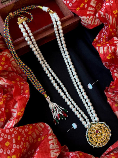 Kundan Pendant Glass Pearl (6mm, 8mm) Double Layer Mala Necklace with stud Earring set