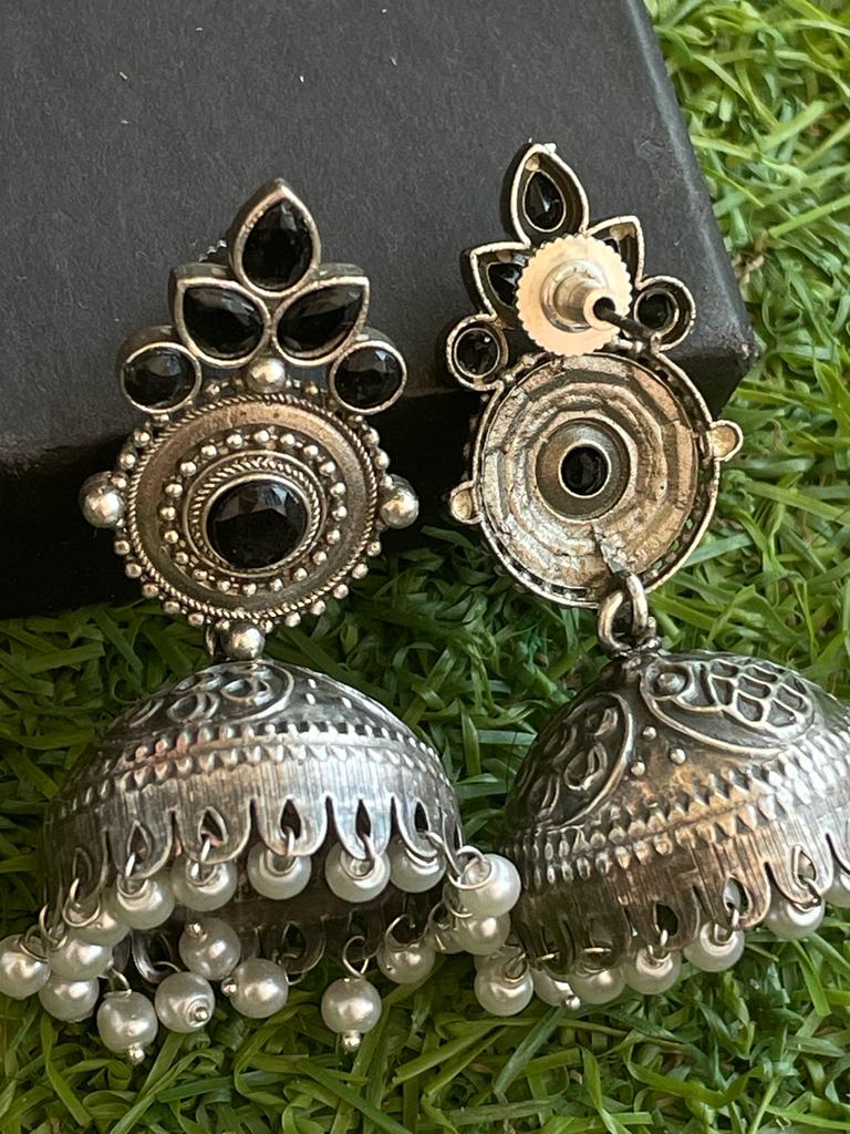 Oxidized Jhumka Earring in Black Polish with Stones