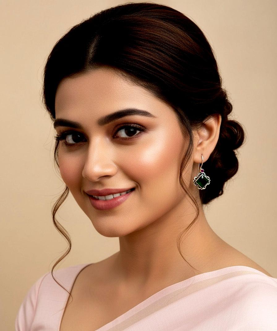 Green Square Cut Stone 92.5 Silver Earring