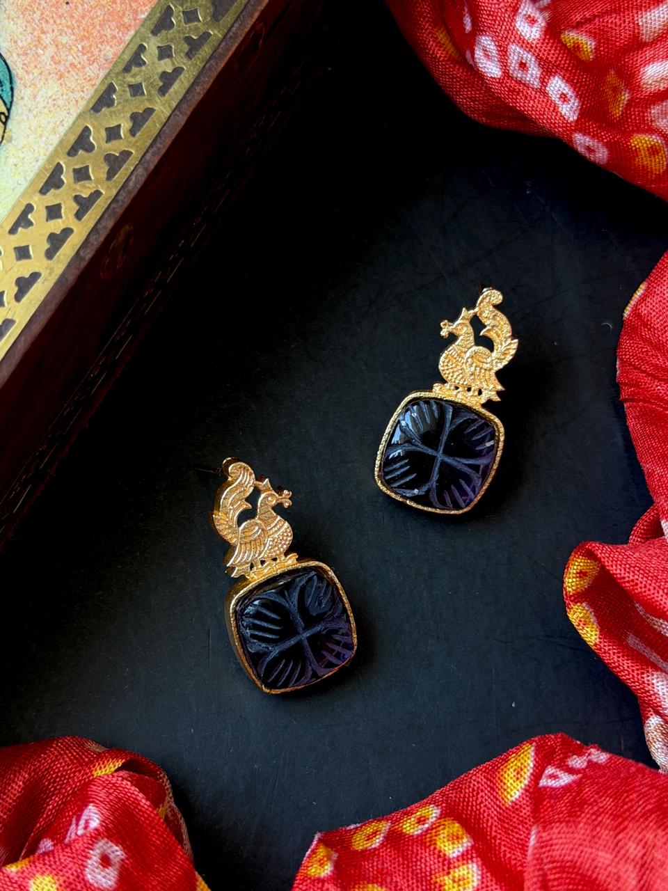 Carving Stone Golden Stud Earring