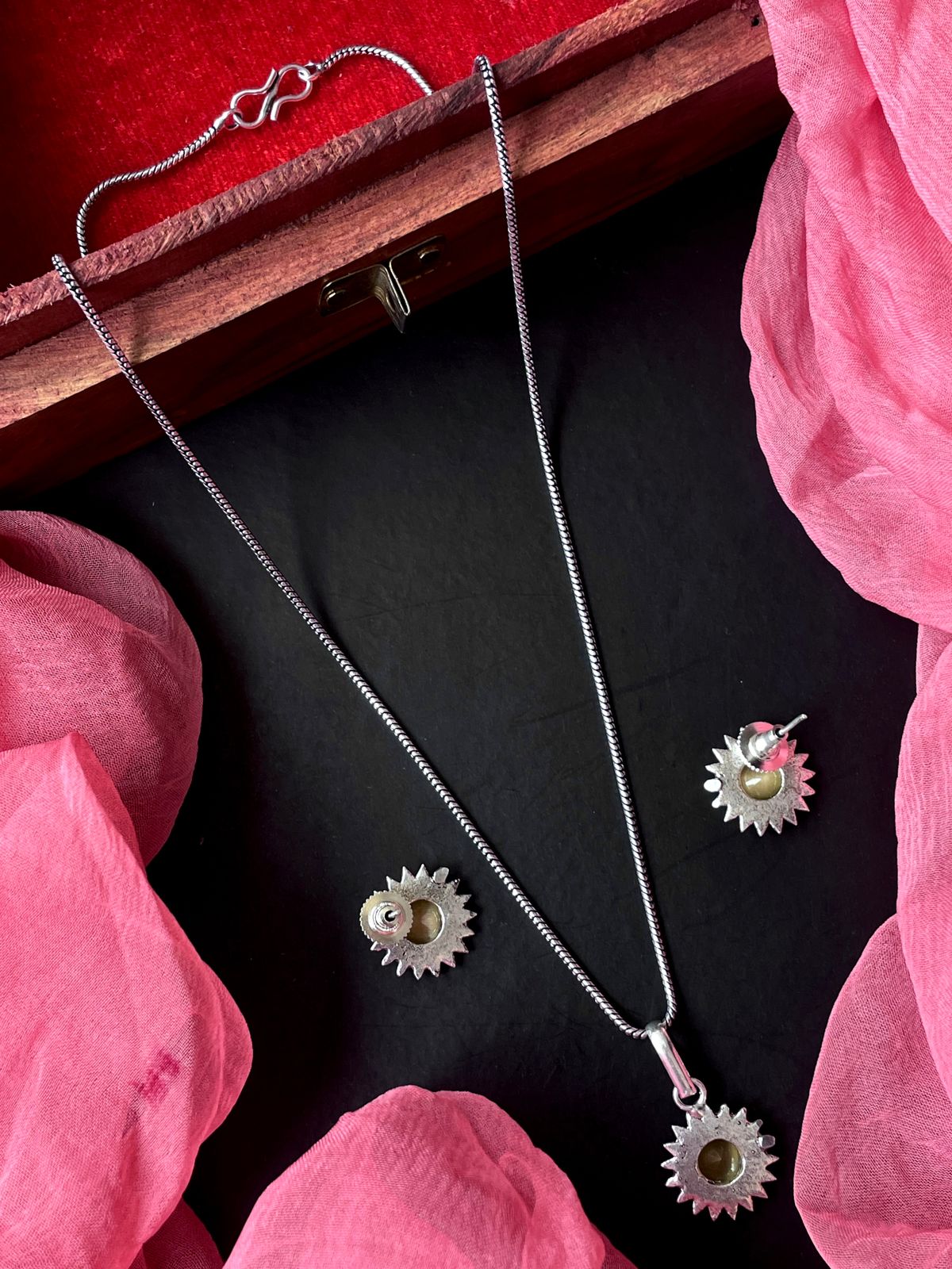 Monalisa Stone Oxidize Pendant Chain Necklace with Earring set