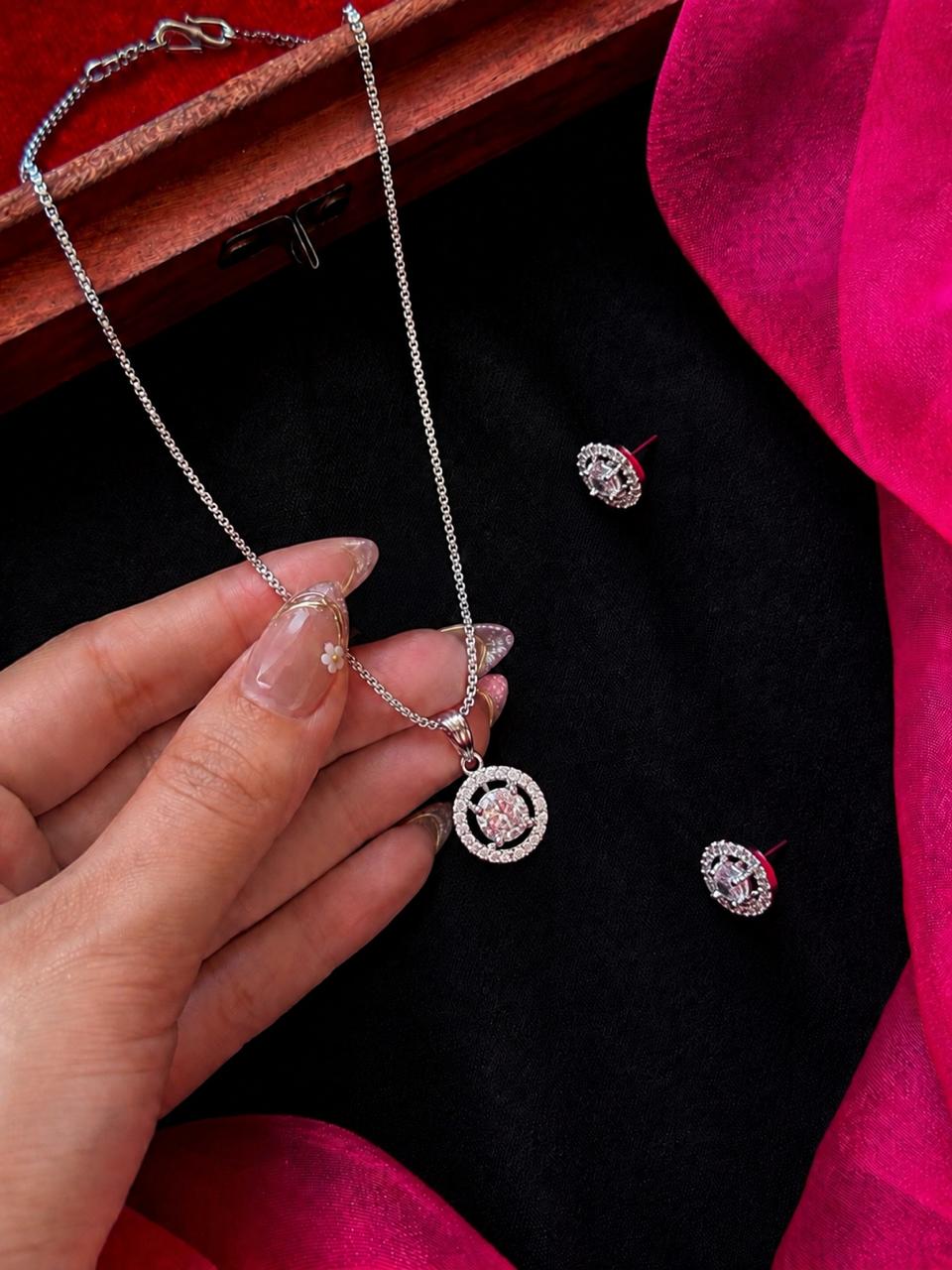 AD stone Pendant Chain Necklace with Earring set