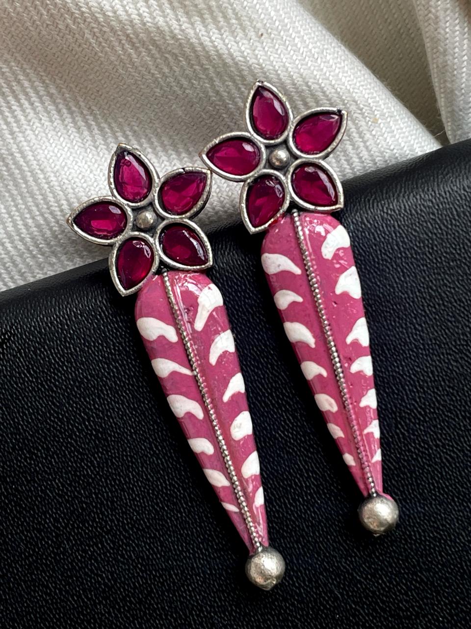 Hand Painted Floral Oxidized Stud Earring