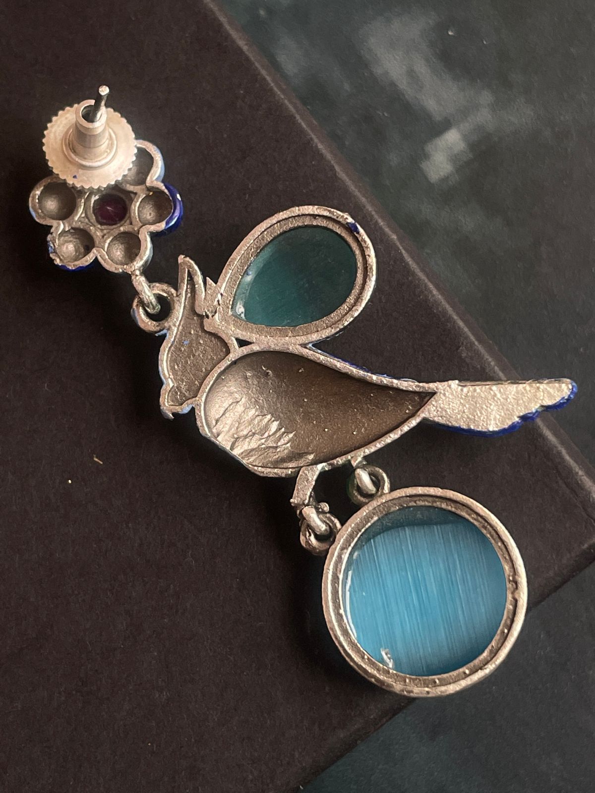 Hand Painted Monalisa Stone Bird Shape Oxidized Earring