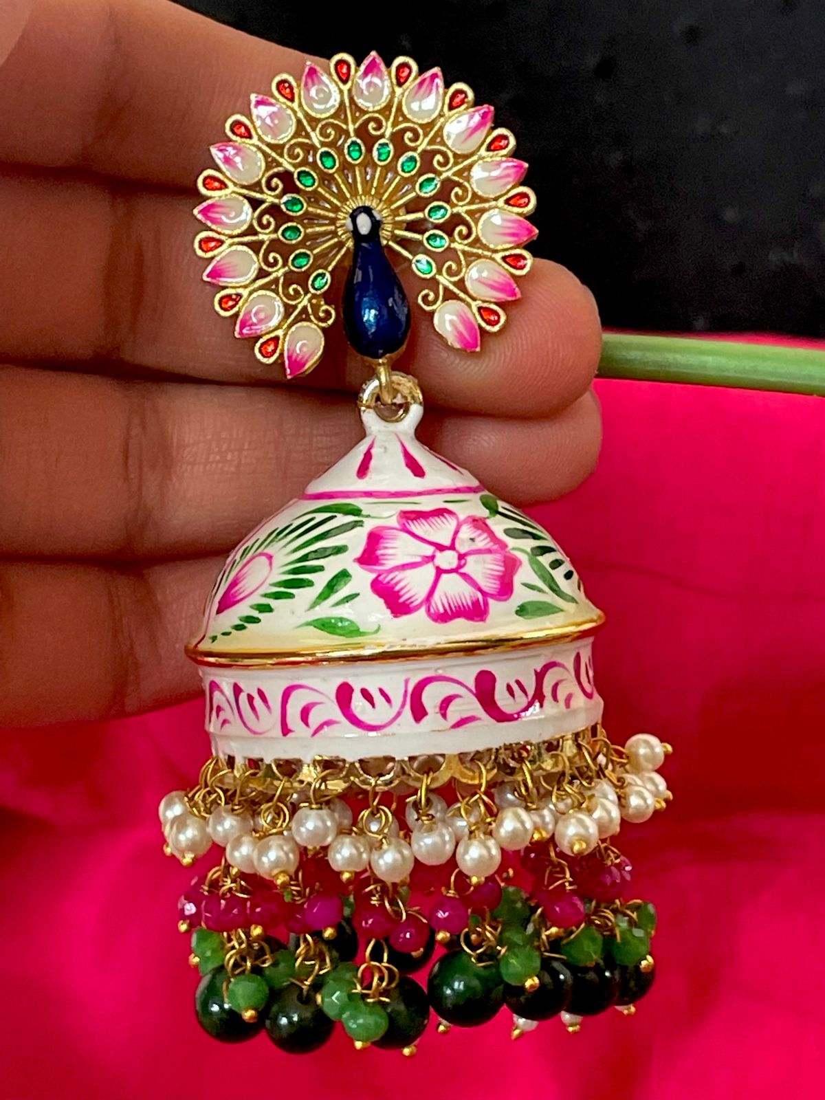 Meenakari Flower Print Big Heavy Jhumka with Peacock Top Earring
