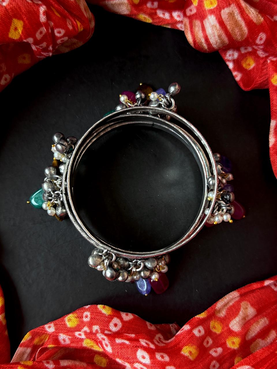 Oxidized Ghunghroo Bangles tih Stones Beads