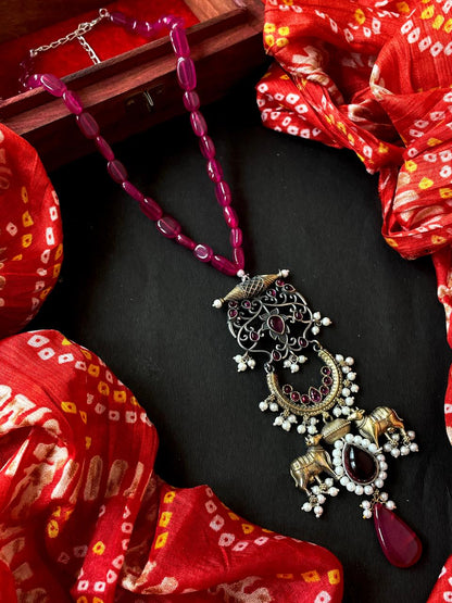 Dual Tone Beaded Pendant with Beaded Mala Necklace with Earring Set