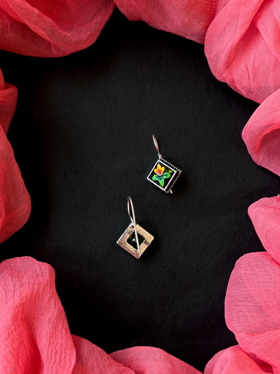 Hand Painted Square Monalisa Stone Siler Replica Earring