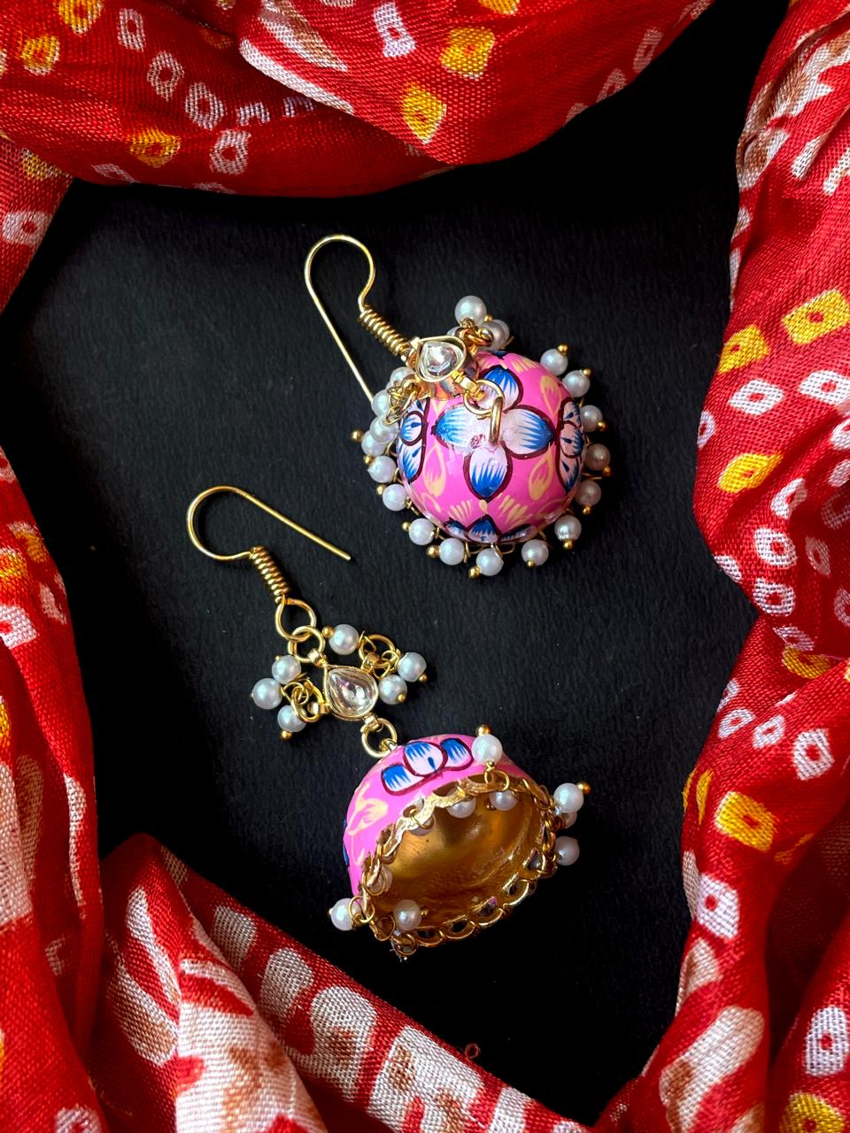 Meenakai Hand Painted Jhumka with Pachi Kundan Earring