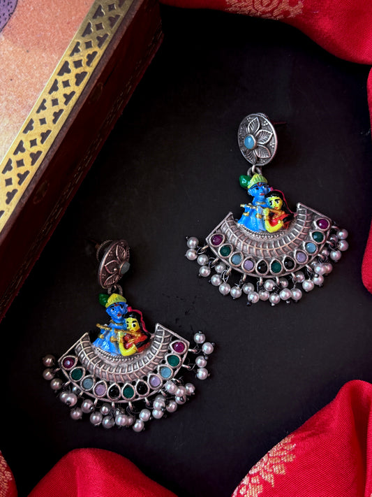 Hand Painted Radha Krishna Oxidized Earring