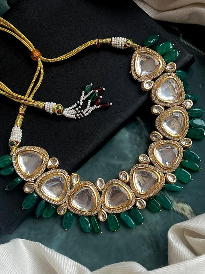 Kundan Necklace with Zade Stone Beads and Earring Set