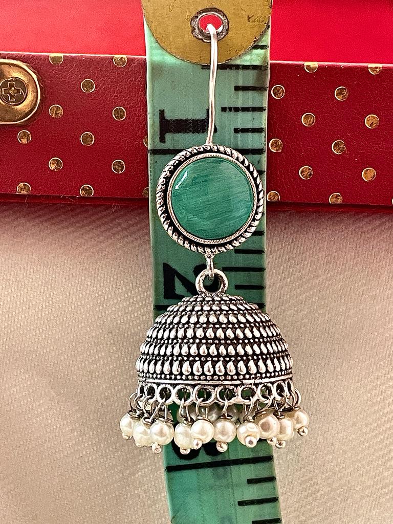 Silver Replica Jhumki with Monalisa stone Top Earring