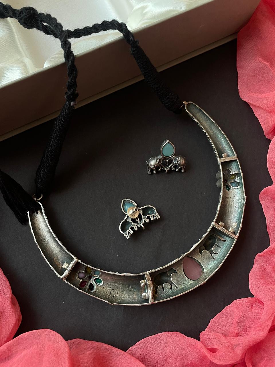 Monalisa Stone Oxidized Choker with Earring set