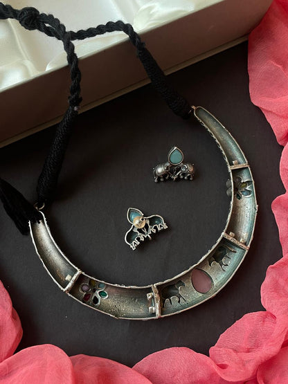 Monalisa Stone Oxidized Choker with Earring set