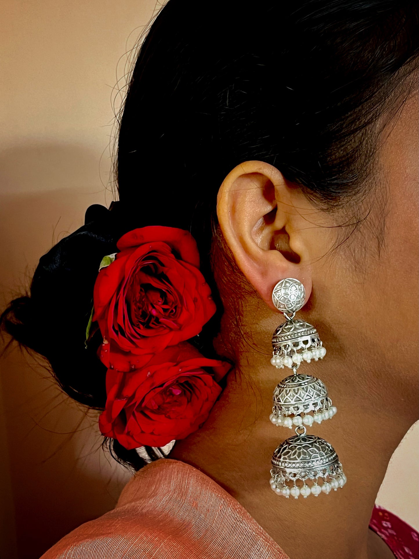 Silver Replica Three Domes Drop Earring