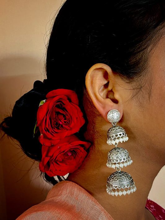 Silver Replica Three Domes Drop Earring