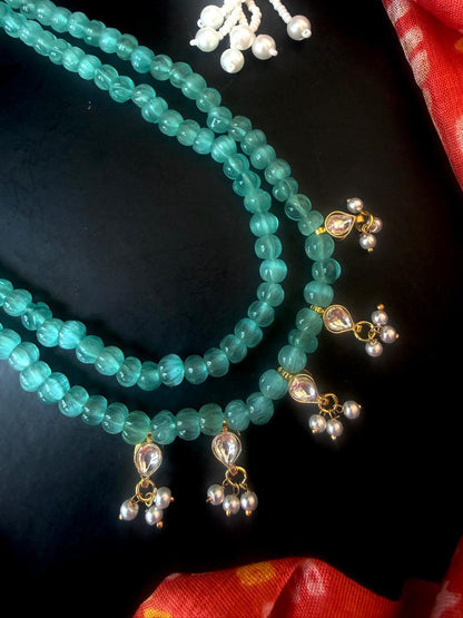 Monalisa Semi Precious Pumpkin Beaded Mala with Kundan and Earring Set