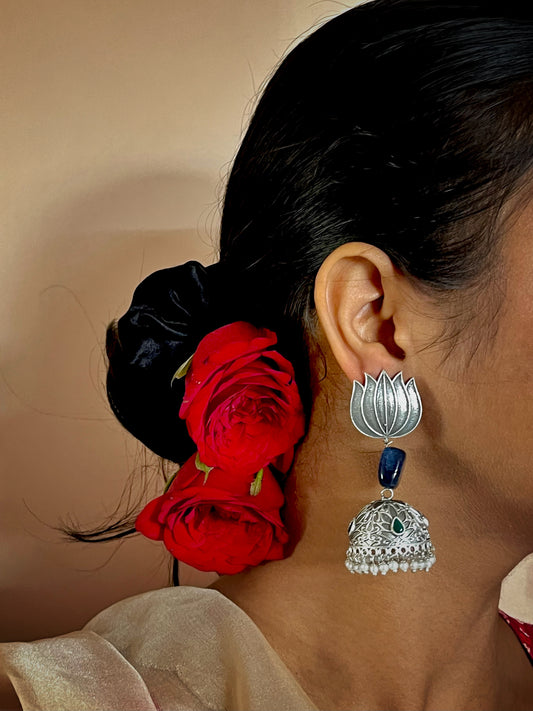 Lotus Top, Natural Stone and Silver Replica Jhumki Earring