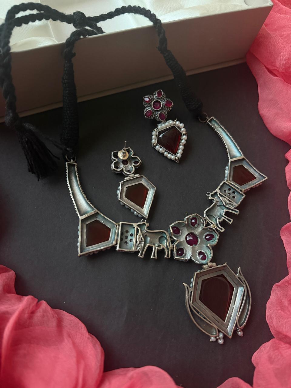 Monalisa Stone Oxidized Necklace with Earrijg set