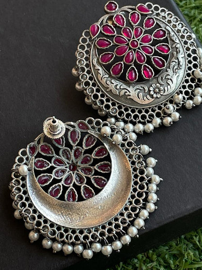 Oxidized Brass Round Earring with stone work