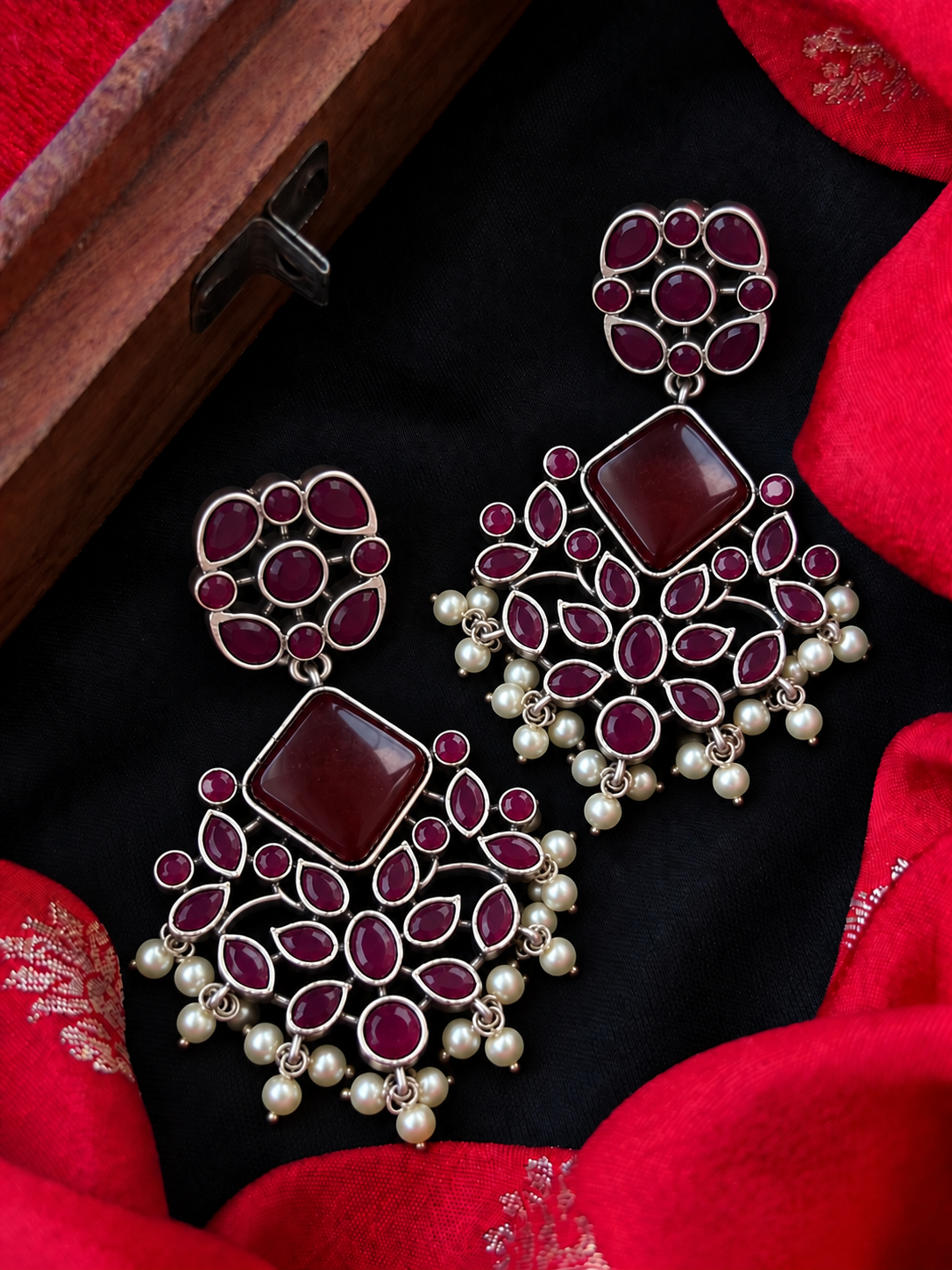 Monalisa Stone Oxidized Earring with Stone and beads work