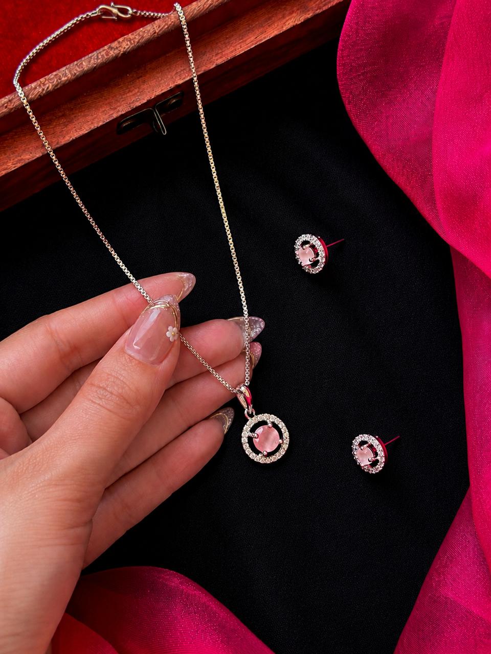 AD stone Pendant Chain Necklace with Earring set