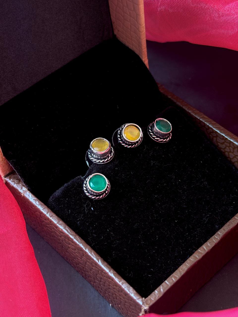 Set of 2 Oxidized Monalisa Stone Studs with One Oxidized Jhumki Earring
